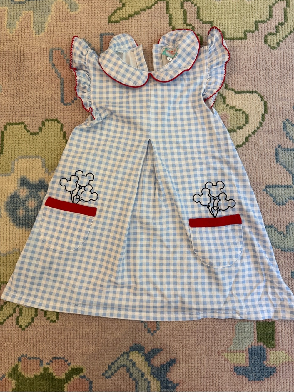 Blue Gingham Girls' Casual Dress with Red Trim and Mickey balloons